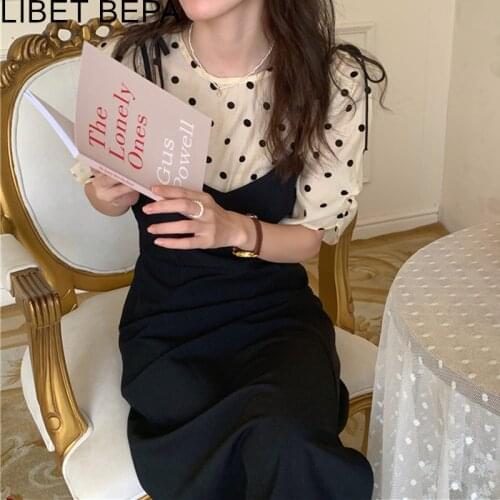 2021 New Women Summer Dresses Fake Two Pieces Fashionable Polka Dot Elegant High Waist Vintage Korean Lady Long Dresses DR9267