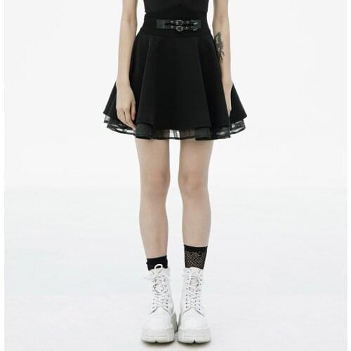 PUNKRAVE Womens Punk Daily High Waist Sun Swing Short Skirt Fashion Twill Woven Spliced Mini Skirts