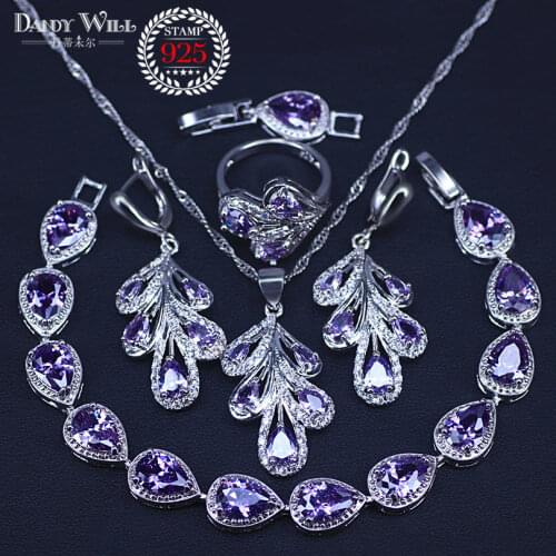 Silver Color White Purple Crystals Leaf Jewelry Sets for Women Wedding High Quality Necklace Earrings Bracelets Ring Set