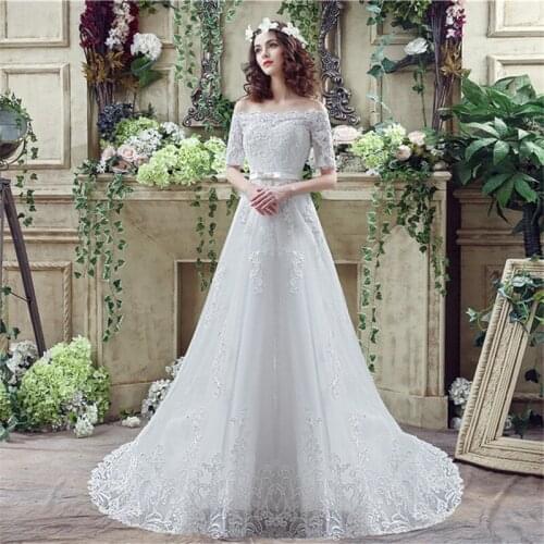 In Stock Lace Wedding Dress Off Shoulder Vestido De Noiva Appliqued Sash Bow Half Sleeve robe de mariee Vestido de Casamento