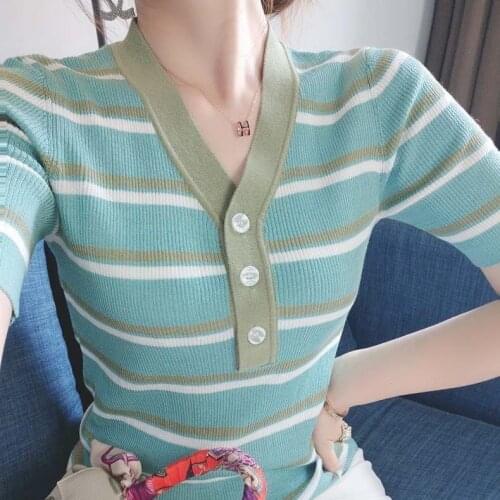 Blue 2021 Summer Top Shirts V-neck T Shirt Women Short Sleeve Casual tshirts black Strip T-Shirt Fashion Women Lady Shirt