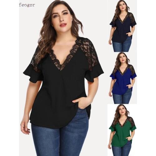FEOGOR T-shirt women Plus size womens clothing Summer plus size womens color contrast lace hollow stitching top V-neck T-shirt