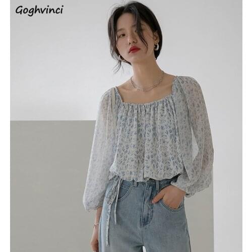 Summer Chiffon Three Quarter Blouses Women Square Collar Printed Crop Female Shirts Pleated Korean Style All-match Temperament