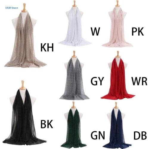 Women Shimmer Hijab Faux Pearls Beaded Crinkle Shawl Muslim Islamic Turban Scarf