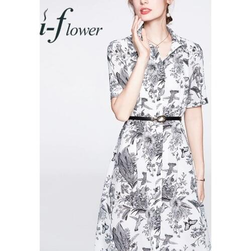 French LadyStyle 100% Mulberry Silk Summer Dress Women 2021 Lace Up Floral Printing Turn Down Collar Midi Dresses Retro Robe