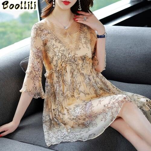 Boollili Party Dress Women Elegant Silk Dress Mini Print Floral Maxi Dresses Summer Loose Vestido Vintage Vestidos Verano