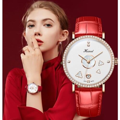 2020 Fashion Women Watch Diamond Waterproof Automatic Mechanical Ladies Watches With Red Leather Seagull Movement Gift