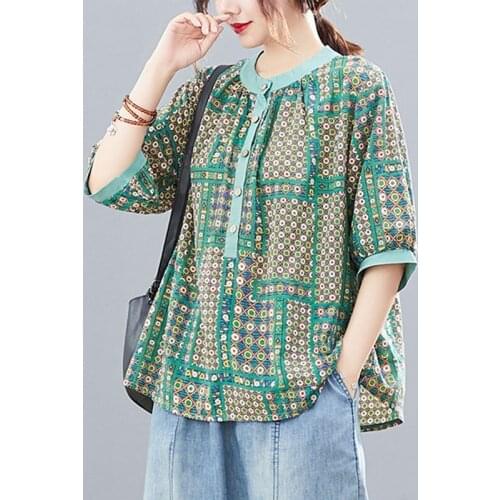 Green Elegant Women Cotton Linen Casual Shirts 2021 Summer Arts Style Vintage Plaid Print Half Sleeve Loose Female Tops Blouses
