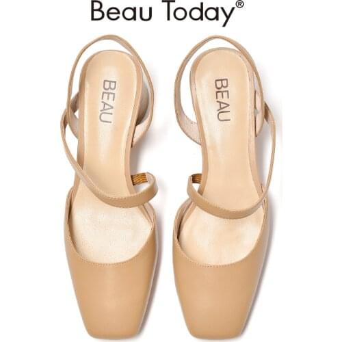 Pump Sandals Women Calfskin Leather Square Toe Slingback Block Heel Summer Elegant Ladies Slip on Shoes Handmade BeauToday 31043