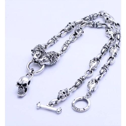 MetJakt Domineering Skull and Lion Punk Necklace Solid 925 Sterling Silver 1.1cm Chain for Mens Punk Rock Jewelry 62cm