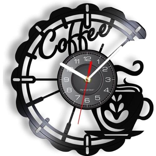 Coffee Cup Cut Out Longplay Wall Clock Kitchen Decor Cafe House Coffee Sign Black Noiseless Hanging Wall Clock Gifts For Barista