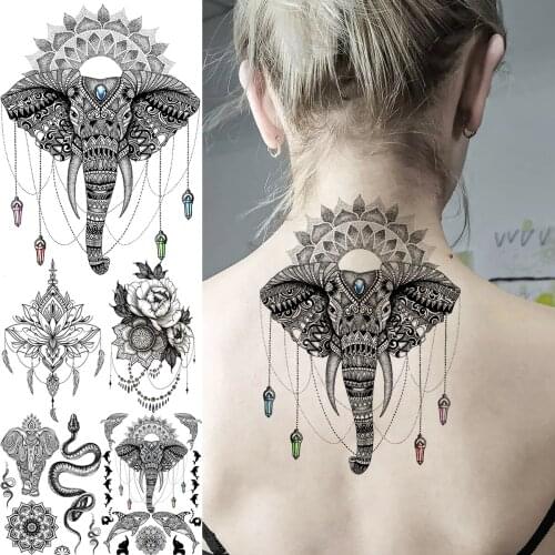 Black Henna Elephant Temporary Tattoos For Women Adult Rose Flower Snake Whale Lotus Fake Tattoo Sexy Mandala Pendant Tatoos