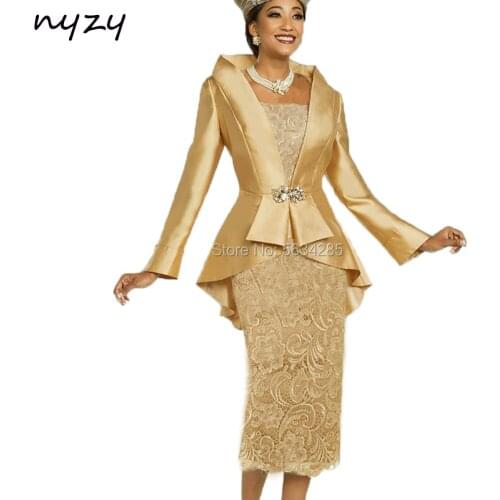 2 Piece Gold Mother of the Bride Groom Lace Dresses with Jacket Coat 2020 NYZY M23B Formal Dress Party Cocktail Church Suits