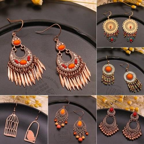 Luokey Vintage Gold Color Tassel Boho Dangle Drop Earrings For Women Female Hollow Wedding Ethnic Bohemian Earring Girls Jewelry