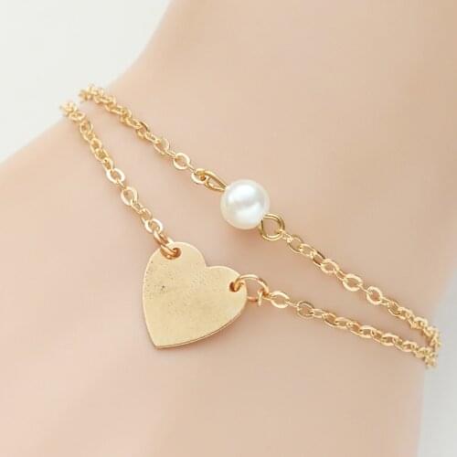 Fashion Simple Double Chain Pearl Love Heart Charms Bracelet Gold Metal White Bead Bangles For Women Gifts Dropshipping