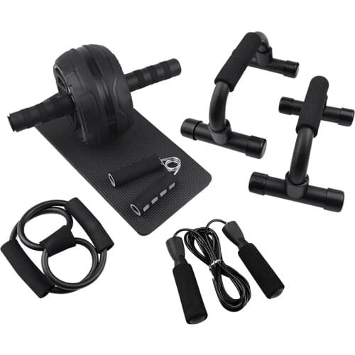 AB Wheel Roller Kit Abdominal Wheel Set with Push-Up Bar Jump Rope Hand Gripper Spring Exerciser and Knee Pad Home Gym