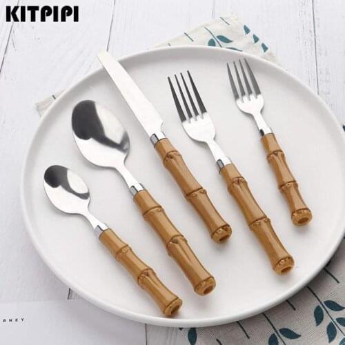 1pc Tableware With Bamboo Handle Steel Wooden Steak Cutlery Fork Knives For Kitchen Spoon Utensils Dinnerwares Ha G6O2
