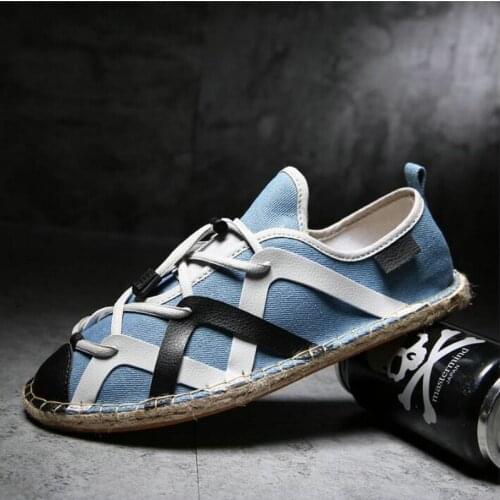 New Designer Fashion Male Loafers Lazy Flats Lace up Sole Mens Shoes Casual Fisherman Shoes Linen Canvas Espadrilles LF-52