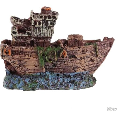 OOTDTY New Resin Aquarium Ornament Sunk Ship Wreck Boat Fish Tank Cave Decor Underwater-W110
