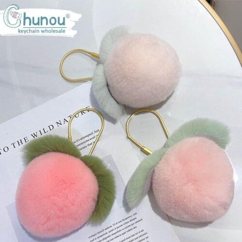Luxury Keychain For Women Peach Fluffy Pompom Rabbit Fur Ball Keychains Cute Backpack Car Key Chain Accessories Gift Porte Clef