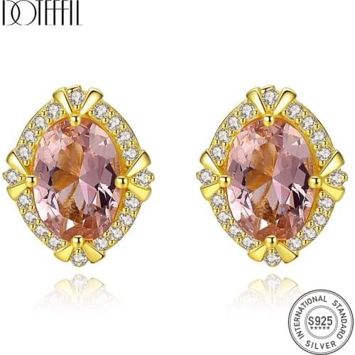 DOTEFFIL New Genuine 925 Silver Luxury Gemstone Stud Earrings for Women Big Oval Morganite Engagement Earrings Jewellery Brincos