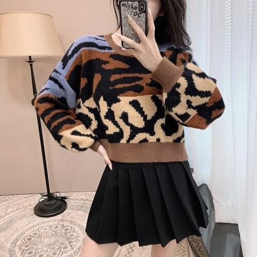 Leopard chic retro winter thick sweater short all-match vintage streetwear new 2020 knitted elegant knitwear winter fashion