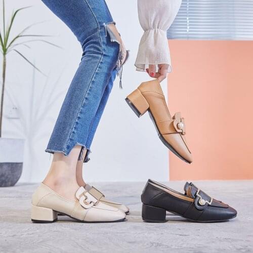 Trend Women Pumps Thick High Heel Metal Buckle Pearl Loafers Female Slip-on Ladies Office Shoes Chic Black Women Casual Shoes