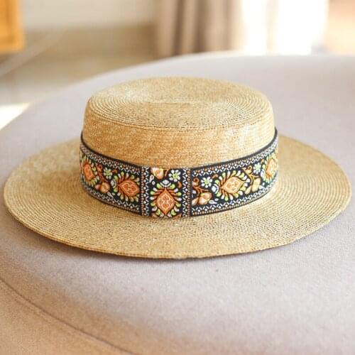 British Style Womens Wheat Straw Woven Flat Sun Hats Outdoor Travleling Fashionn Sun-Proof Hats Casual UV-Proof Hats