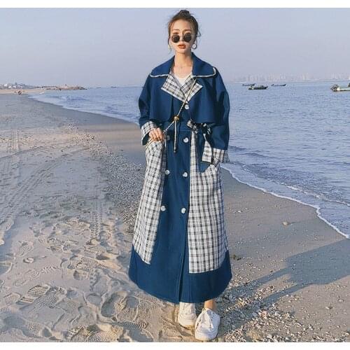 Moramoon Womens Windbreaker Spring Autumn Jacket Blue Plaid Stitching Lapel Ladies Cloak Korean Loose New Trench Coat Female 5Y