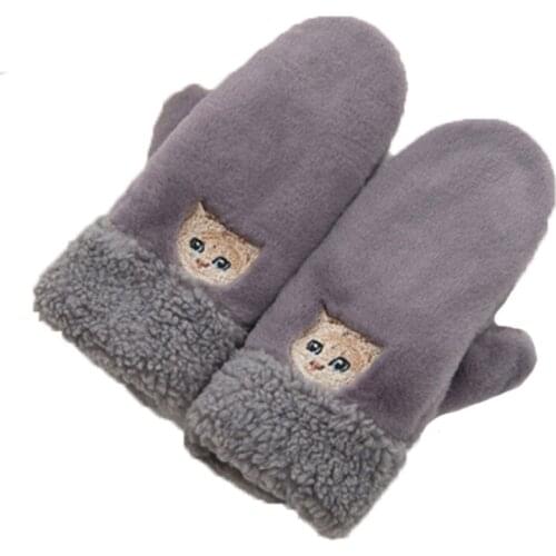 Female Cute Cartoon Cat Embroidery Plus Velvet Thick Warm Driving mittens Women Winter Cashmere Knit Touch Screen Gloves H74
