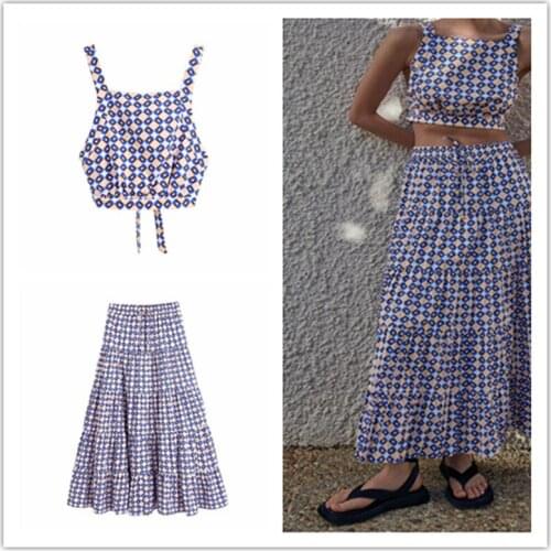 ZA Two Piece Set Women Skirt Geometric Print Backless Crop Top Summer Vacation Woman Outfits High Waist Long Skirts Suits