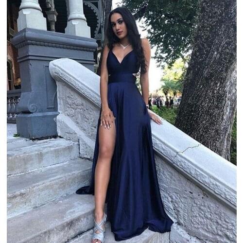 Vestidos Sexy Long Evening Dresses V Neck Navy Blue Satin Formal Prom Gowns Leg Slit Girls Graduation Dresses 2020 abendkleider
