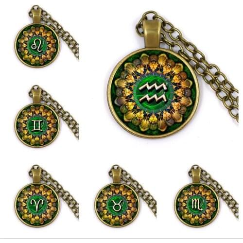 12 Zodiac Signs Glass Dome Constellations Vintage Pendant Necklace Indian Yoga Mandala Glass Dome Cabochon Jewelry For Women Men
