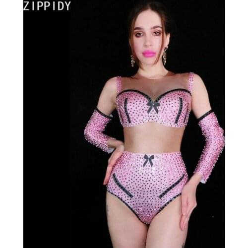2021 Bikini Pattern Pink Black Stones Bodysuit Birthday Festival Prom Party Outfit Bar Singer Dance Team Show Wear