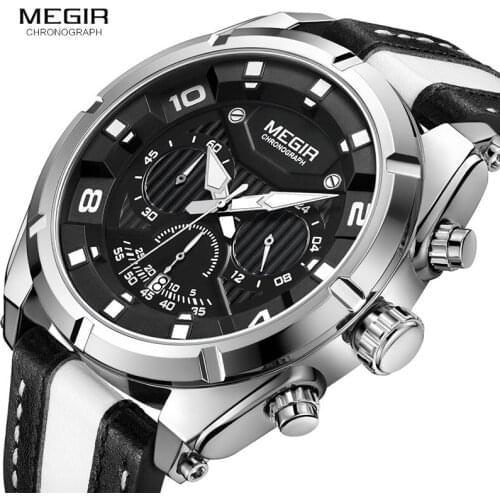 MEGIR Outdoor Sports Quartz Watches Men Top Luxury Brand Chronograph Leather Waterproof Wristwatches Relogio Masculino 2076
