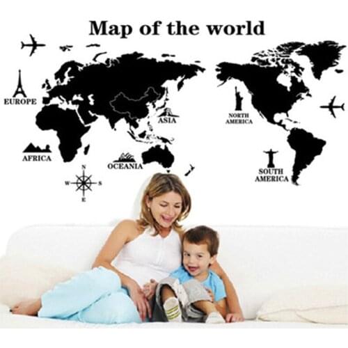 Map of the world pvc black wall stickers for living room home wall art decor adesivos de parede diy decals