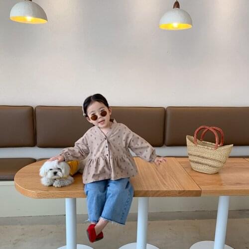 Korean Childrens Clothing Autumn Children Girls' Doll Top Floral Shirt V-neck Brushed Shirt