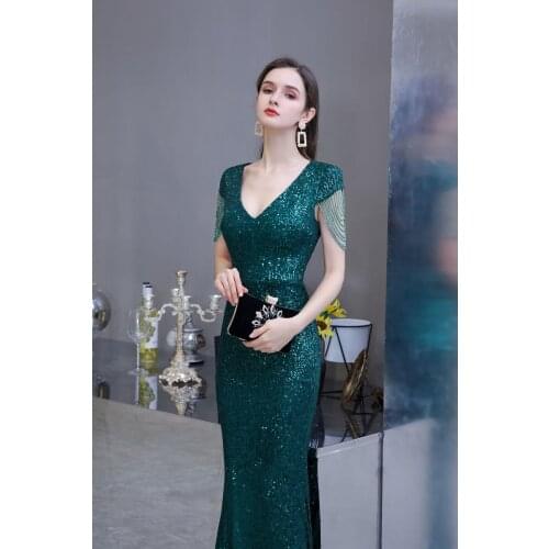 Long Dark Green Sexy V-Neck Sequined Evening Dress Beading Short Sleeves With Tassel Mermaid Appliques Formal Gowns Vestido