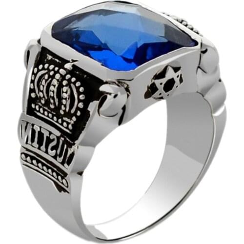BOCAI new real s925 sterling silver jewelry obsidian facet artificial blue crystal crown mens ring