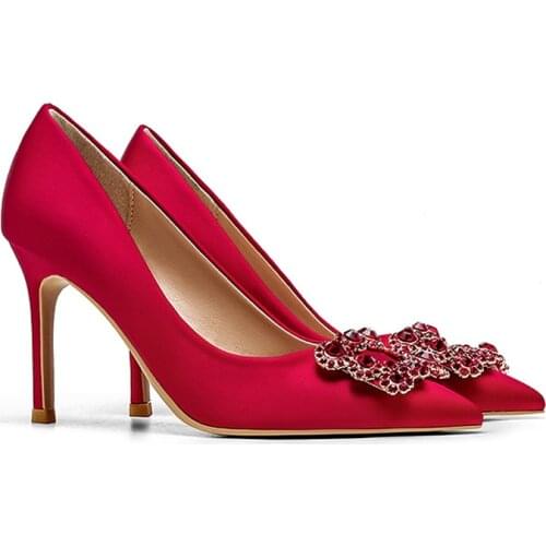 Red Pumps Satin Rhinestone Jewelry Button Ponited Toe High Heels Wedding Party Fashion Office Lady Shoes Size 33-42