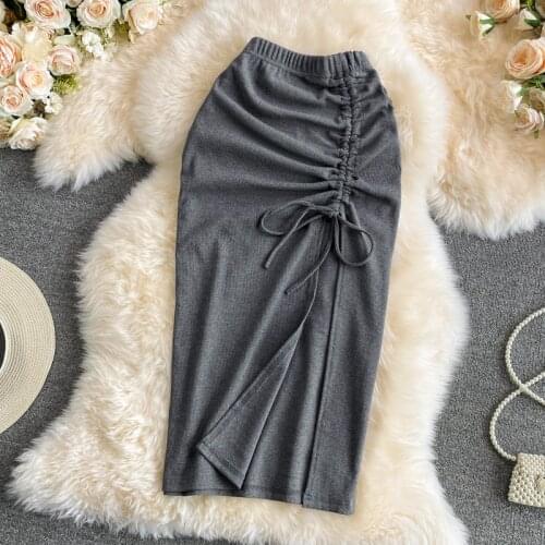 Midi Cotton Skirts Women Elastic Waist Draw String Split Shirring Pencil Skirt Girls Sexy Solid Slim Irregular Bottom