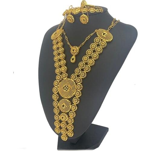 Nigeria Dubai Gold color jewelry sets party for women Bracelet Necklace earrings ring set collares African bridal wedding gifts