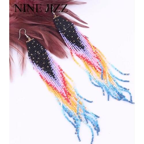 NINEJIZZ Long Tassel Bead Dangle Earrings For Women Vintage Bohemian Handmade Colorful Rainbow Earrings Fashion Jewelry