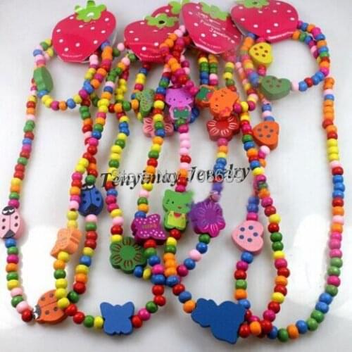 Childrens Gift Fashion Wood Beaded Necklace + Bracelet Set Cute Kids Jewelry Set 20 Sets Wholesale