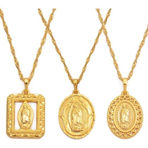 Anniyo Virgin Mary Pendant Necklaces for Women Girls,Gold Color Our Lady Jewelry Wholesale Religion Cross Chain Worship #068504