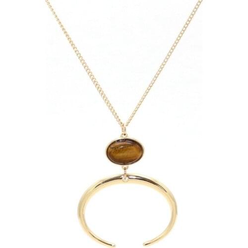 FYSL Light Yellow Gold Color Oval Tiger Eye Stone Pendant Link Chain Necklace Crescent Moon Jewelry