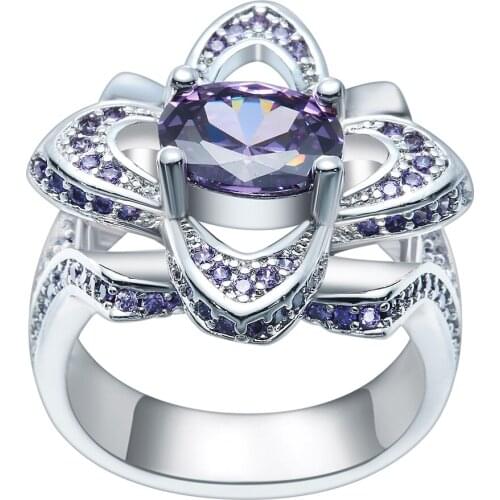 Luxury micro pave setting purple cz stones flower shaped womens wedding ring ,shinning CZ Jewelry Women Birthday