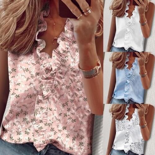 Summer Fashion womens Casual Shirts V Neck Sleeveless Ruffled Grass Letters Printed Blouses Street Clothing Blouses
