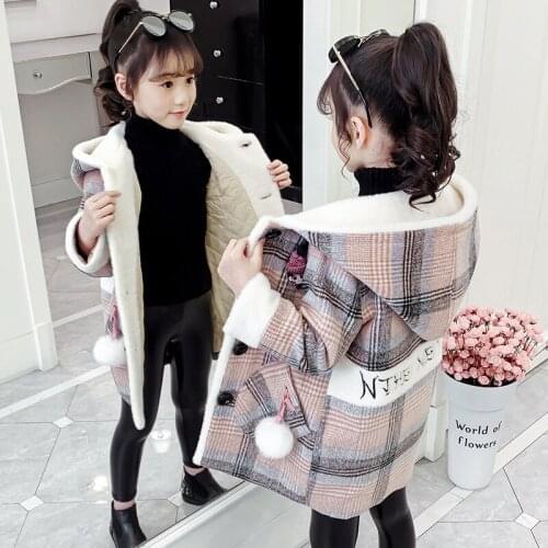 Girls Worsted Coat Thickened Mink Outerwear New Fall Winter Childrens Cotton Padded Wool Jacket Kids Plaid Hooded Overcoat P361