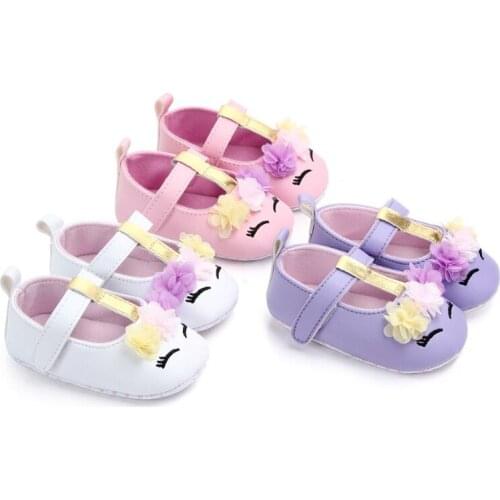 2021 Brand New Toddler Baby Girls Flower Unicorn Shoes PU Leather Shoes Soft Sole Crib Shoes Spring Autumn First walkers 0-18M